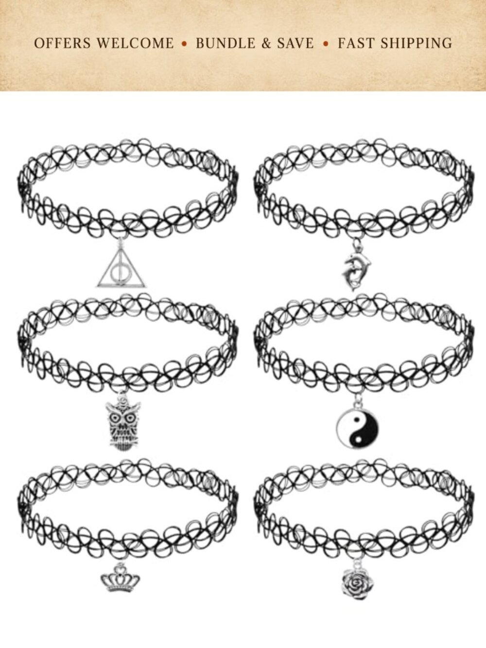 Stretch Gothic Tattoo Choker Necklace Set with Pearl Star Charms